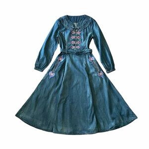 Embroidered Denim Boho Midi Dress - Size S